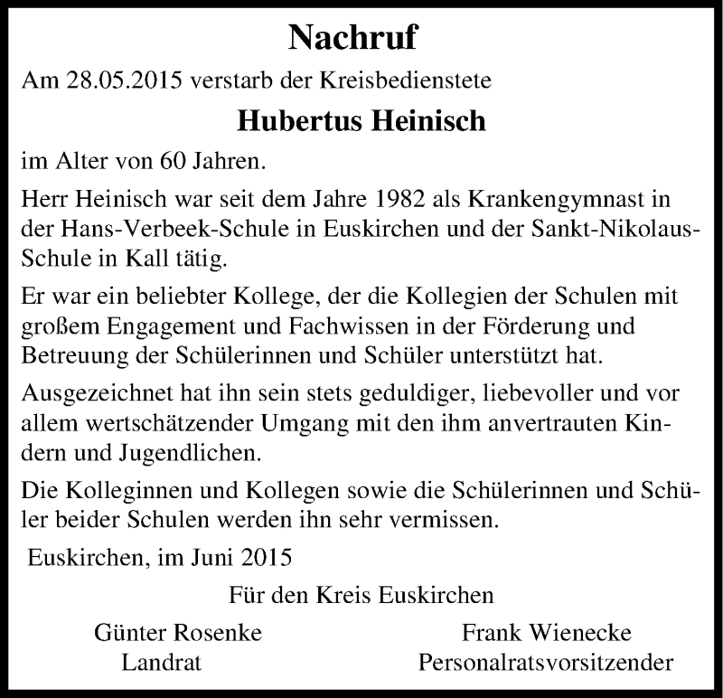  Traueranzeige für Hubertus Heinisch vom 13.06.2015 aus Kölner Stadt-Anzeiger / Kölnische Rundschau / Express