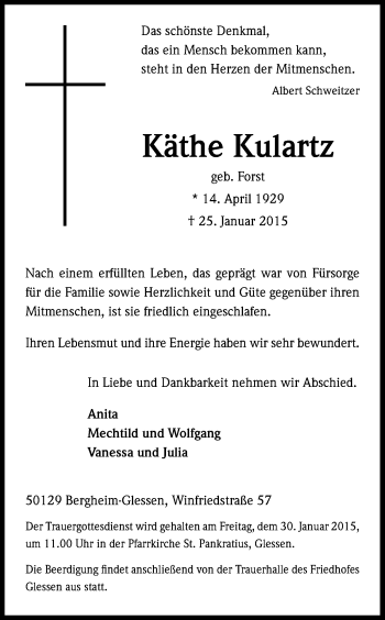 Anzeige von Käthe Kulartz von Kölner Stadt-Anzeiger / Kölnische Rundschau / Express