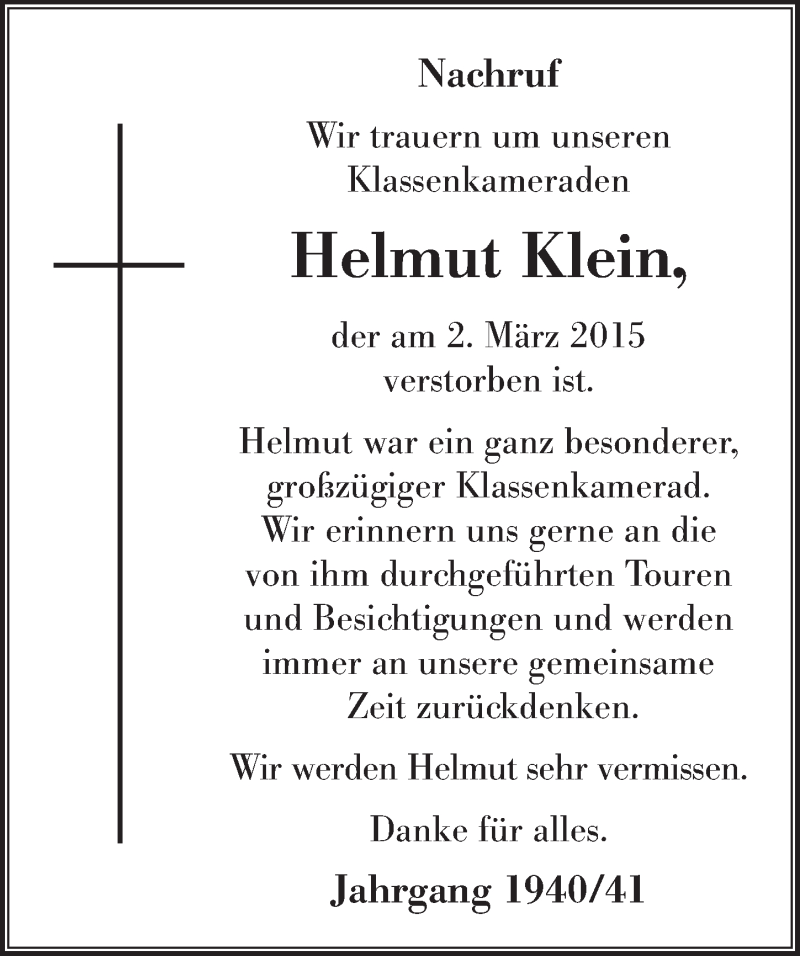  Traueranzeige für Helmut Klein vom 11.03.2015 aus  Extra Blatt 