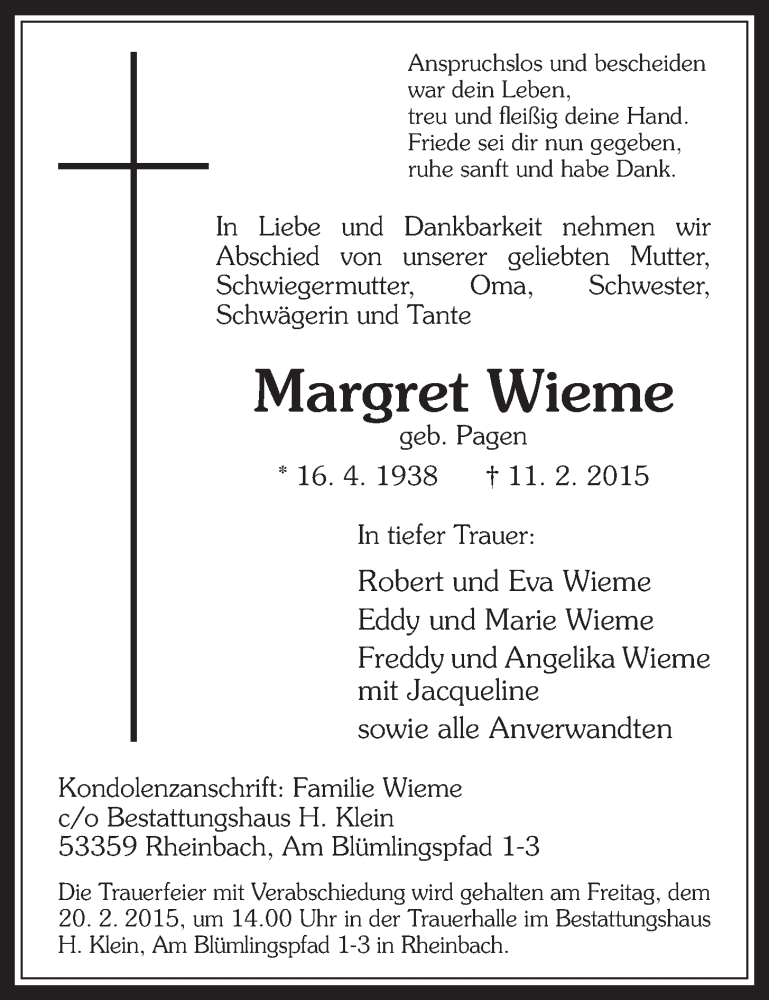  Traueranzeige für Margret Wieme vom 18.02.2015 aus  Schaufenster/Blickpunkt 
