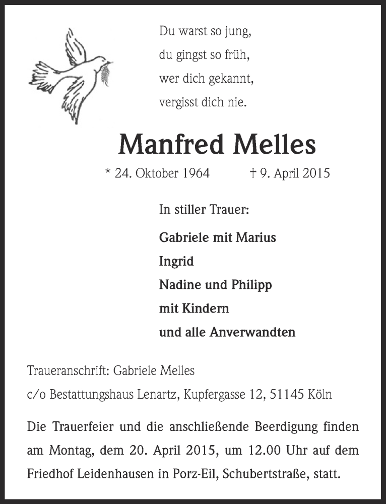  Traueranzeige für Manfred Melles vom 15.04.2015 aus  Kölner Wochenspiegel 