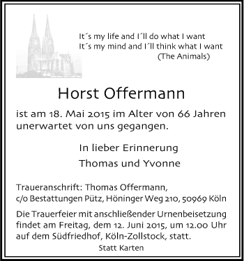 Anzeige von Horst Offermann von Kölner Stadt-Anzeiger / Kölnische Rundschau / Express