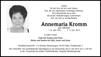 Anzeige von Annemaria Kromm von Kölner Stadt-Anzeiger / Kölnische Rundschau / Express