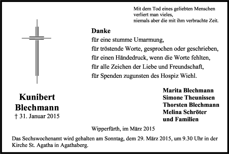  Traueranzeige für Kunibert Blechmann vom 25.03.2015 aus Kölner Stadt-Anzeiger / Kölnische Rundschau / Express