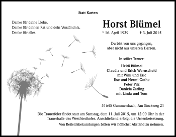 Anzeige von Horst Blümel von Kölner Stadt-Anzeiger / Kölnische Rundschau / Express
