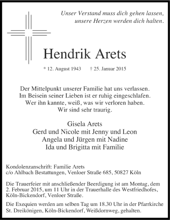 Anzeige von Hendrik Arets von Kölner Stadt-Anzeiger / Kölnische Rundschau / Express