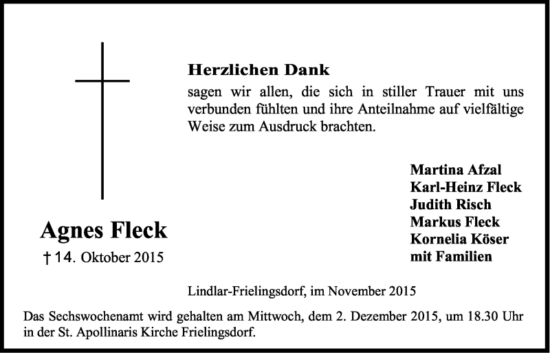  Traueranzeige für Agnes Fleck vom 28.11.2015 aus Kölner Stadt-Anzeiger / Kölnische Rundschau / Express