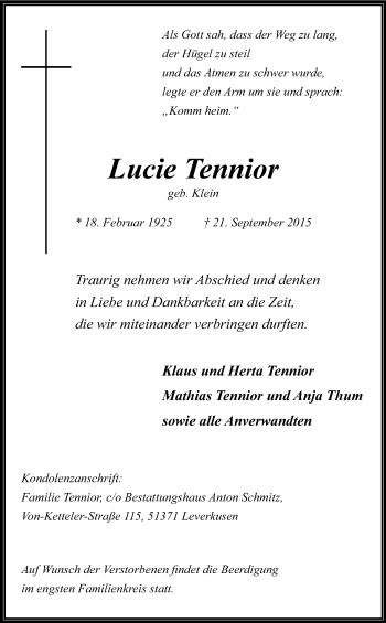 Anzeige von Lucie Tennior von Kölner Stadt-Anzeiger / Kölnische Rundschau / Express