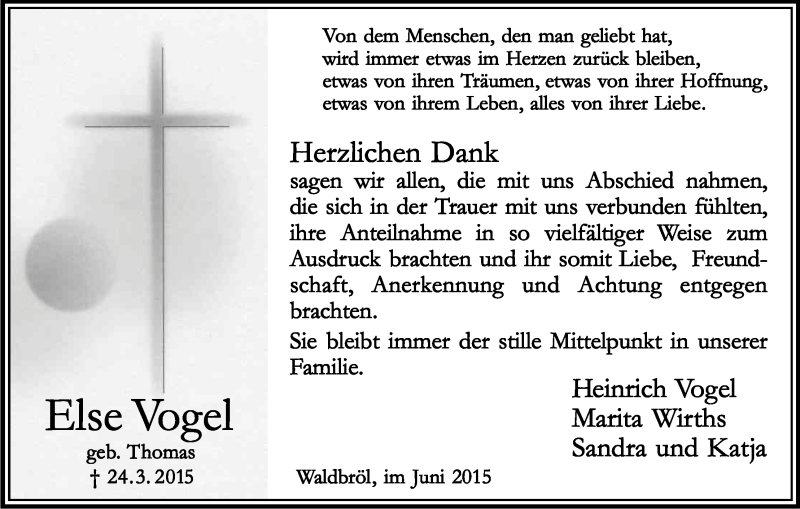  Traueranzeige für Else Vogel vom 13.06.2015 aus Kölner Stadt-Anzeiger / Kölnische Rundschau / Express