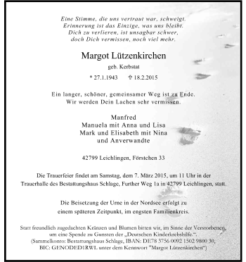 Anzeige von Margot Lützenkirchen von Kölner Stadt-Anzeiger / Kölnische Rundschau / Express