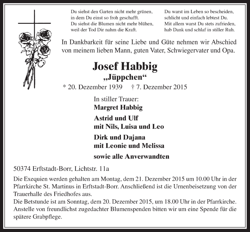  Traueranzeige für Josef Habbig vom 16.12.2015 aus  Werbepost 