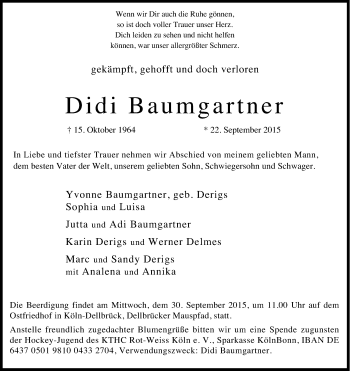 Anzeige von Didi Baumgartner von Kölner Stadt-Anzeiger / Kölnische Rundschau / Express
