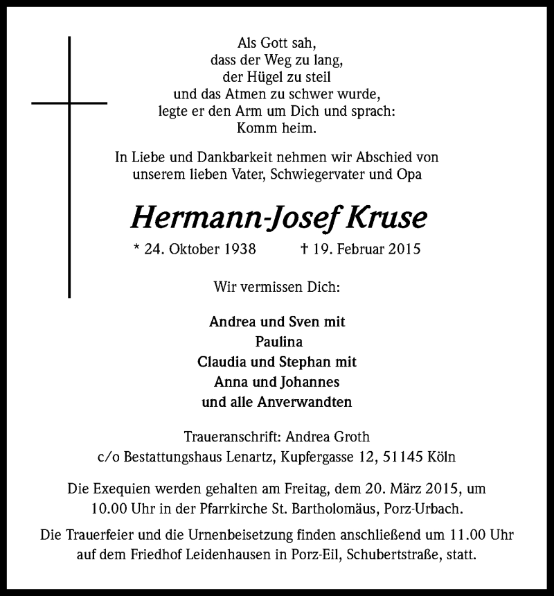  Traueranzeige für Hermann-Josef Kruse vom 14.03.2015 aus Kölner Stadt-Anzeiger / Kölnische Rundschau / Express