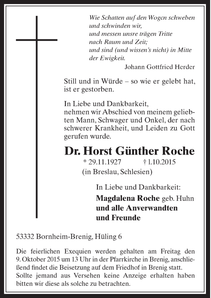  Traueranzeige für Horst Günther Roche vom 07.10.2015 aus  Schaufenster/Blickpunkt 