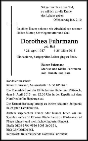 Anzeige von Dorothea Fuhrmann von Kölner Stadt-Anzeiger / Kölnische Rundschau / Express