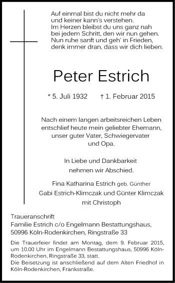 Anzeige von Peter Estrich von Kölner Stadt-Anzeiger / Kölnische Rundschau / Express