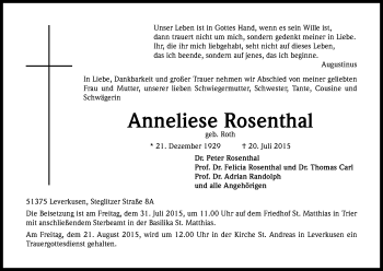 Anzeige von Anneliese Rosenthal von Kölner Stadt-Anzeiger / Kölnische Rundschau / Express