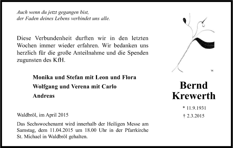  Traueranzeige für Bernd Krewerth vom 04.04.2015 aus Kölner Stadt-Anzeiger / Kölnische Rundschau / Express