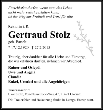 Anzeige von Gertraud Stolz von Kölner Stadt-Anzeiger / Kölnische Rundschau / Express