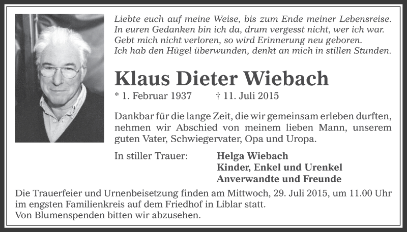  Traueranzeige für Klaus Dieter Wiebach vom 22.07.2015 aus  Werbepost 