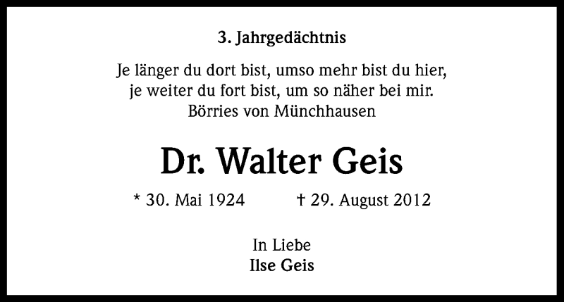  Traueranzeige für Walter Geis vom 29.08.2015 aus Kölner Stadt-Anzeiger / Kölnische Rundschau / Express