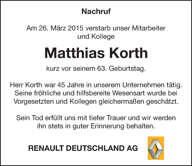  Traueranzeige für Matthias Korth vom 08.04.2015 aus  Schlossbote/Werbekurier 
