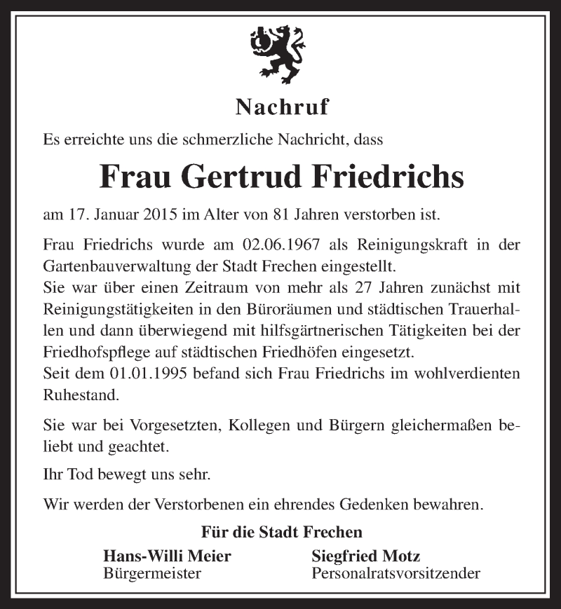  Traueranzeige für Gertrud Friedrichs vom 28.01.2015 aus  Wochenende 