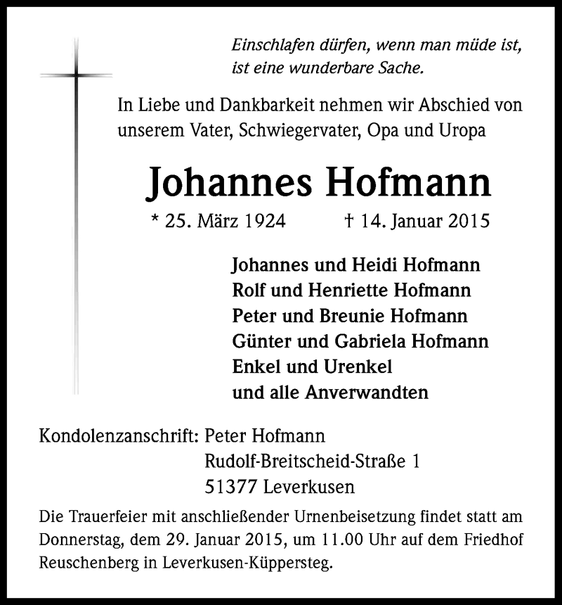  Traueranzeige für Johannes Hofmann vom 24.01.2015 aus Kölner Stadt-Anzeiger / Kölnische Rundschau / Express