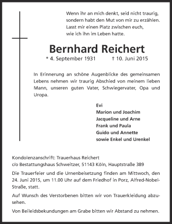 Anzeige von Bernhard Reichert von  Kölner Wochenspiegel 