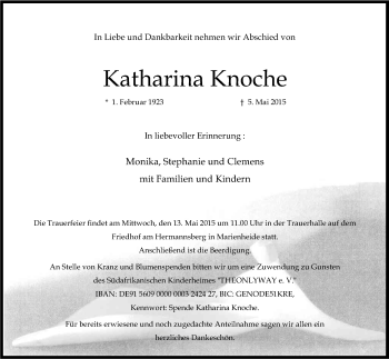 Anzeige von Katharina Knoche von Kölner Stadt-Anzeiger / Kölnische Rundschau / Express