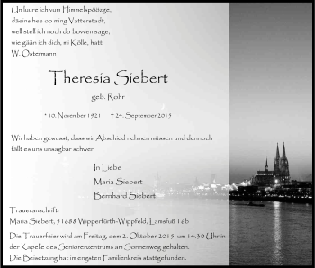 Anzeige von Theresia Siebert von Kölner Stadt-Anzeiger / Kölnische Rundschau / Express