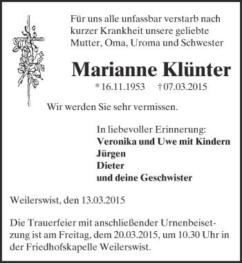 Anzeige von Marianne Klünter von  Blickpunkt Euskirchen 