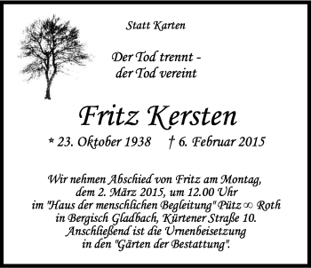 Anzeige von Fritz Kersten von Kölner Stadt-Anzeiger / Kölnische Rundschau / Express