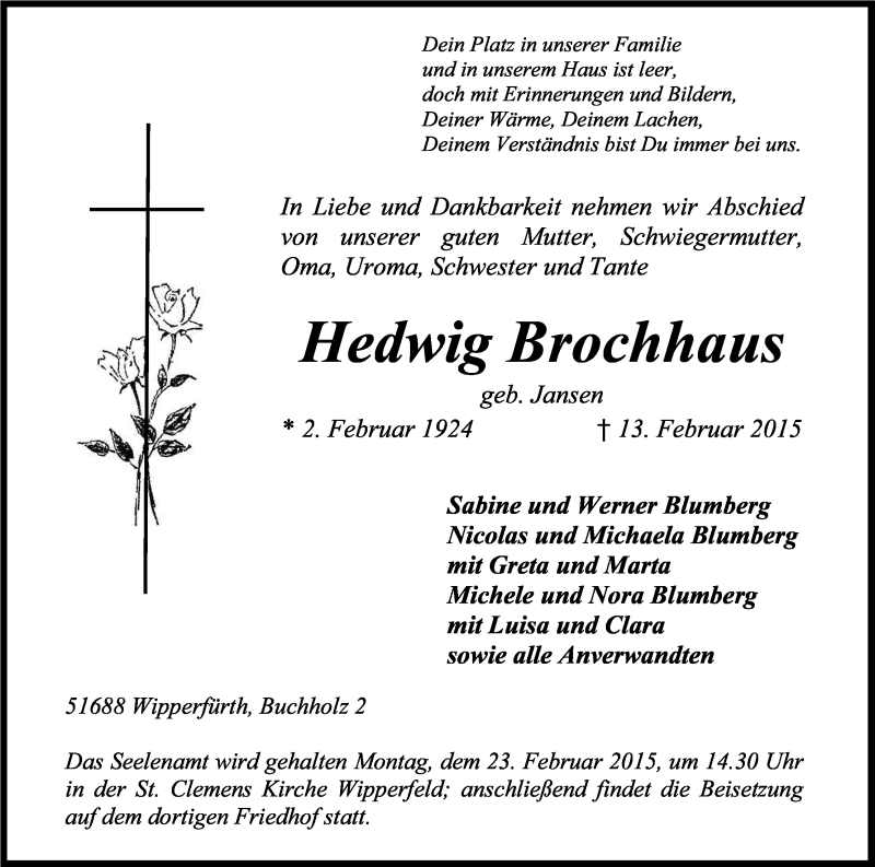  Traueranzeige für Hedwig Brochhaus vom 18.02.2015 aus Kölner Stadt-Anzeiger / Kölnische Rundschau / Express