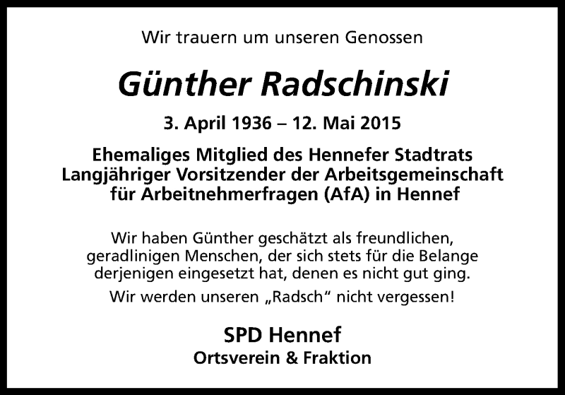  Traueranzeige für Günther Radschinski vom 20.06.2015 aus Kölner Stadt-Anzeiger / Kölnische Rundschau / Express