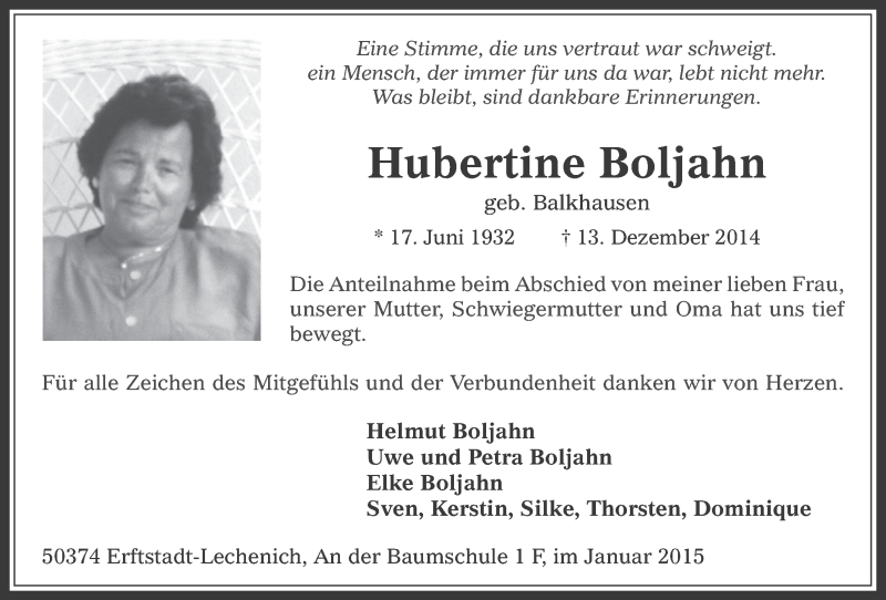  Traueranzeige für Hubertine Boljahn vom 21.01.2015 aus  Werbepost 
