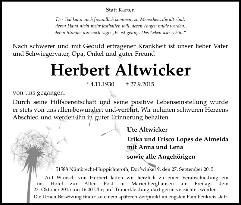  Traueranzeige für Herbert Altwicker vom 10.10.2015 aus Kölner Stadt-Anzeiger / Kölnische Rundschau / Express