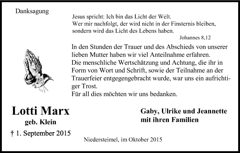  Traueranzeige für Lotti Marx vom 01.10.2015 aus Kölner Stadt-Anzeiger / Kölnische Rundschau / Express