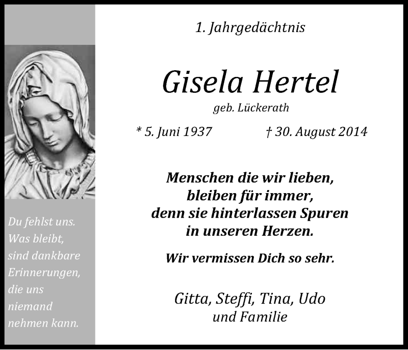  Traueranzeige für Gisela Hertel vom 29.08.2015 aus Kölner Stadt-Anzeiger / Kölnische Rundschau / Express