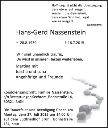 Anzeige von Hans-Gerd Nassenstein von  Schlossbote/Werbekurier 