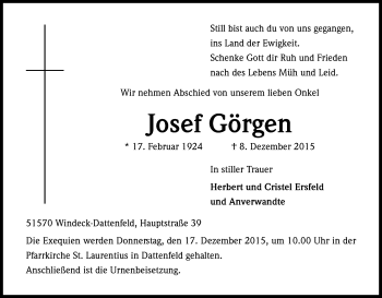 Anzeige von Josef Görgen von Kölner Stadt-Anzeiger / Kölnische Rundschau / Express
