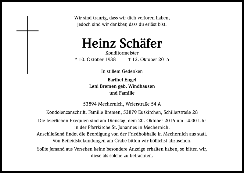  Traueranzeige für Heinz Schäfer vom 17.10.2015 aus Kölner Stadt-Anzeiger / Kölnische Rundschau / Express