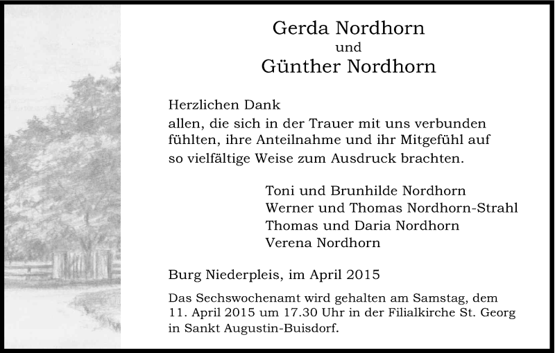  Traueranzeige für Günther und Gerda Nordhorn vom 04.04.2015 aus Kölner Stadt-Anzeiger / Kölnische Rundschau / Express