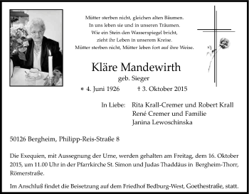 Anzeige von Kläre Mandewirth von Kölner Stadt-Anzeiger / Kölnische Rundschau / Express