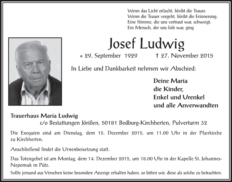  Traueranzeige für Josef Ludwig vom 09.12.2015 aus  Werbepost 