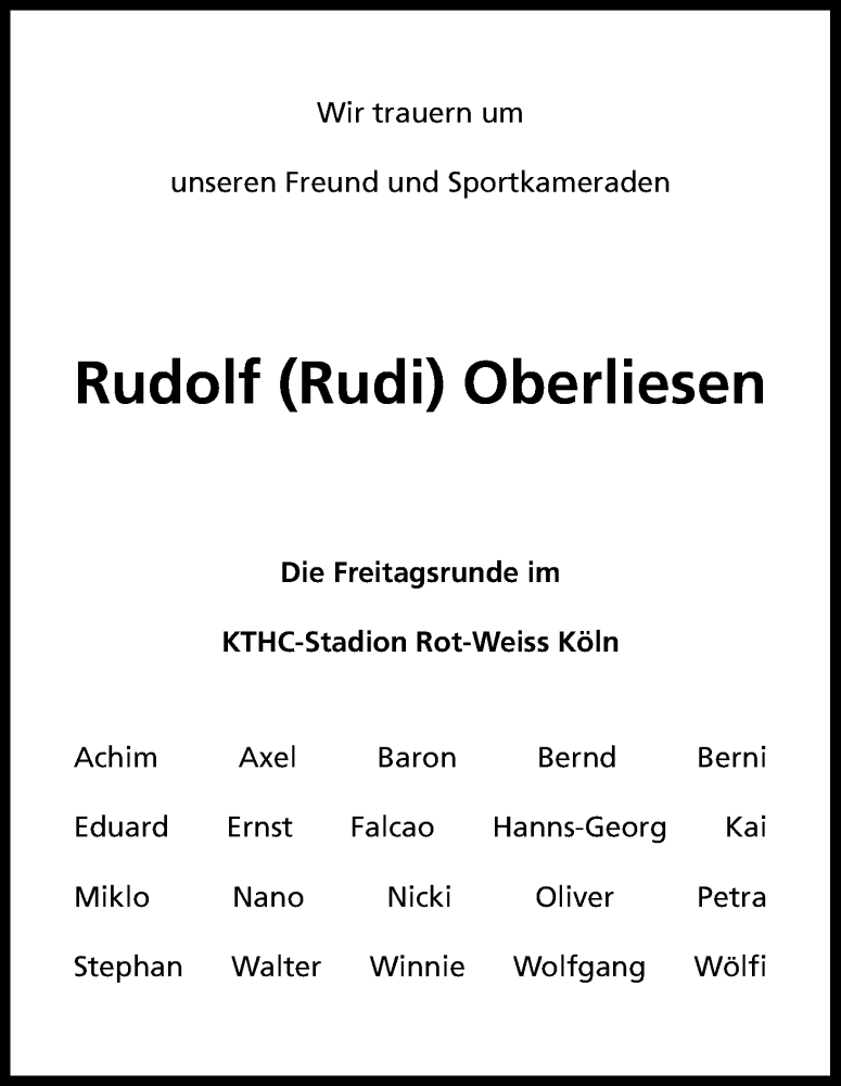  Traueranzeige für Rudolf Oberliesen vom 04.02.2015 aus Kölner Stadt-Anzeiger / Kölnische Rundschau / Express