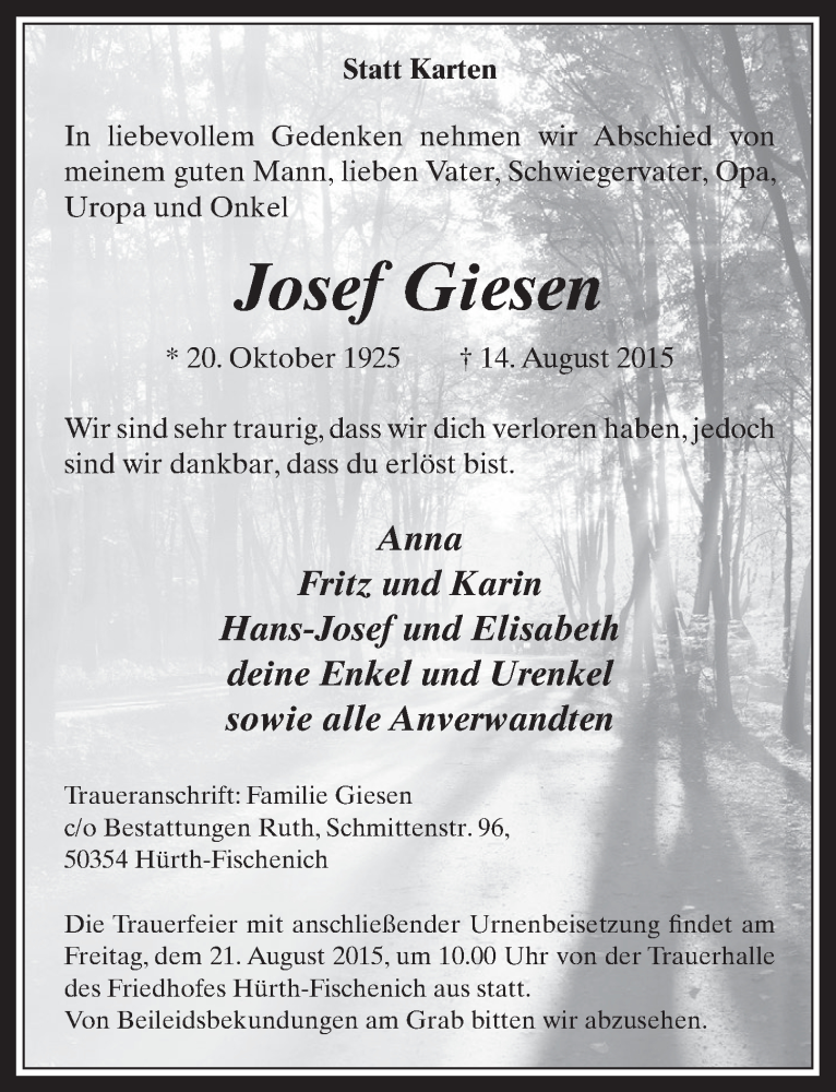  Traueranzeige für Josef Giesen vom 19.08.2015 aus  Wochenende 