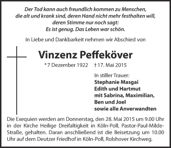 Anzeige von Vinzenz Peffeköver von  Kölner Wochenspiegel 