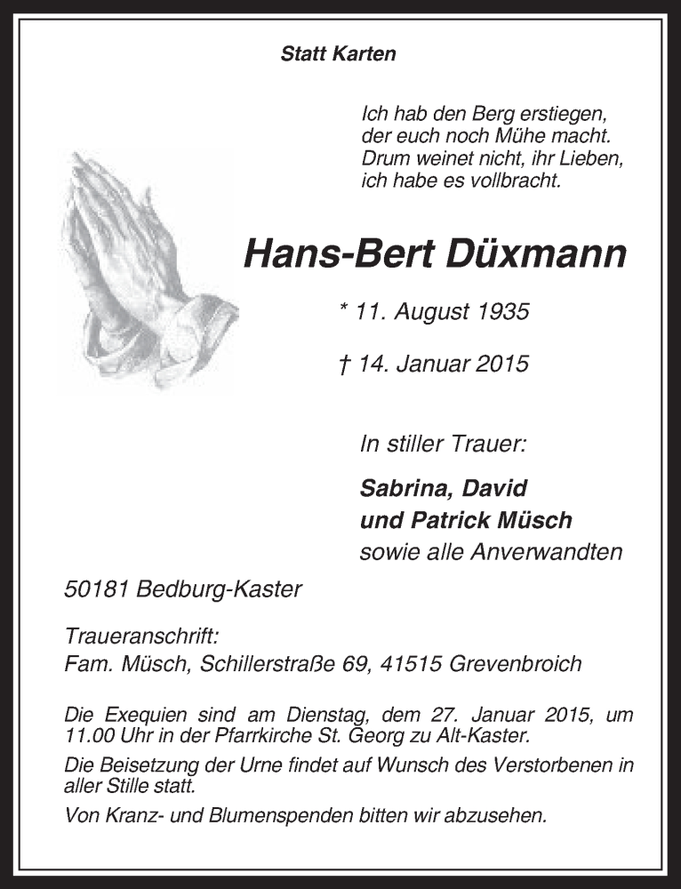  Traueranzeige für Hans-Bert Düxmann vom 21.01.2015 aus  Werbepost 