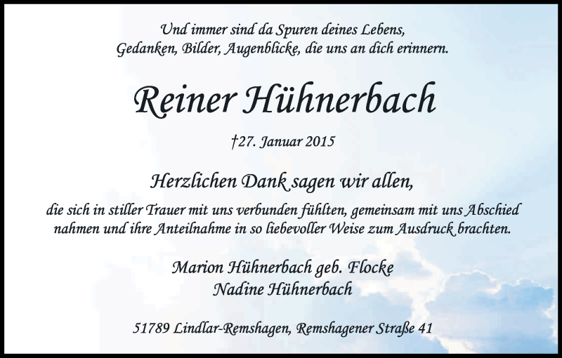 Traueranzeige für Reiner Hühnerbach vom 14.03.2015 aus Kölner Stadt-Anzeiger / Kölnische Rundschau / Express